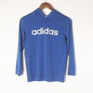 Adidas Medium 10/12 Long Sleeve Hooded Pull Over Blue w/ Gray Letters EUC